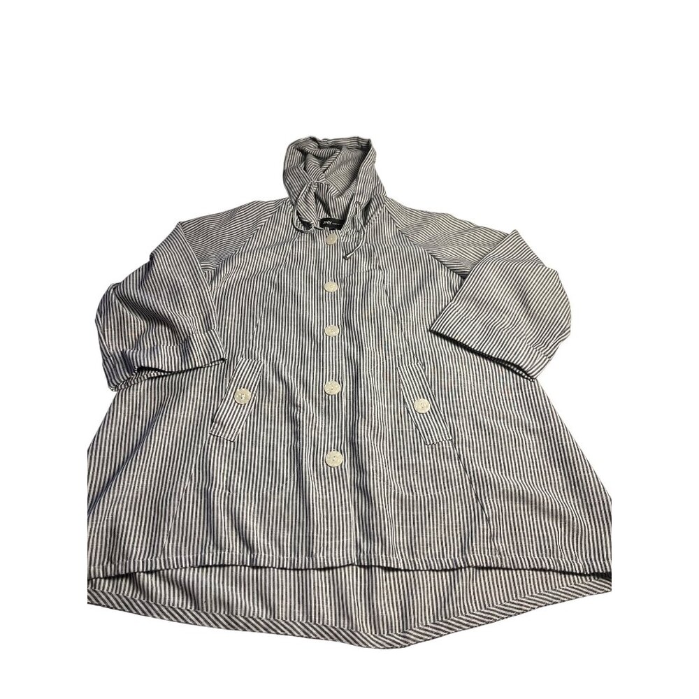 Jones New York Striped Linen Hooded Blue Womens 1X Lagenlook Coastal jacket